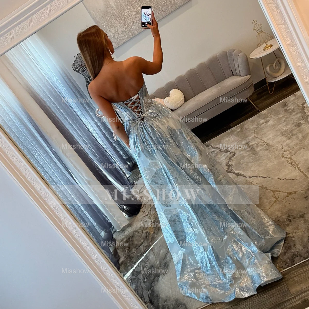 New Arrival Long Blue A-line Strapless Prom Dress with Pockets