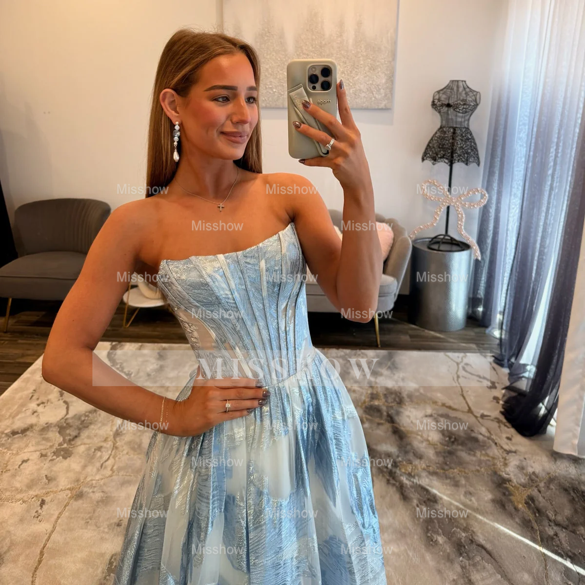 New Arrival Long Blue A-line Strapless Prom Dress with Pockets