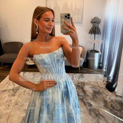 New Arrival Long Blue A-line Strapless Prom Dress with Pockets