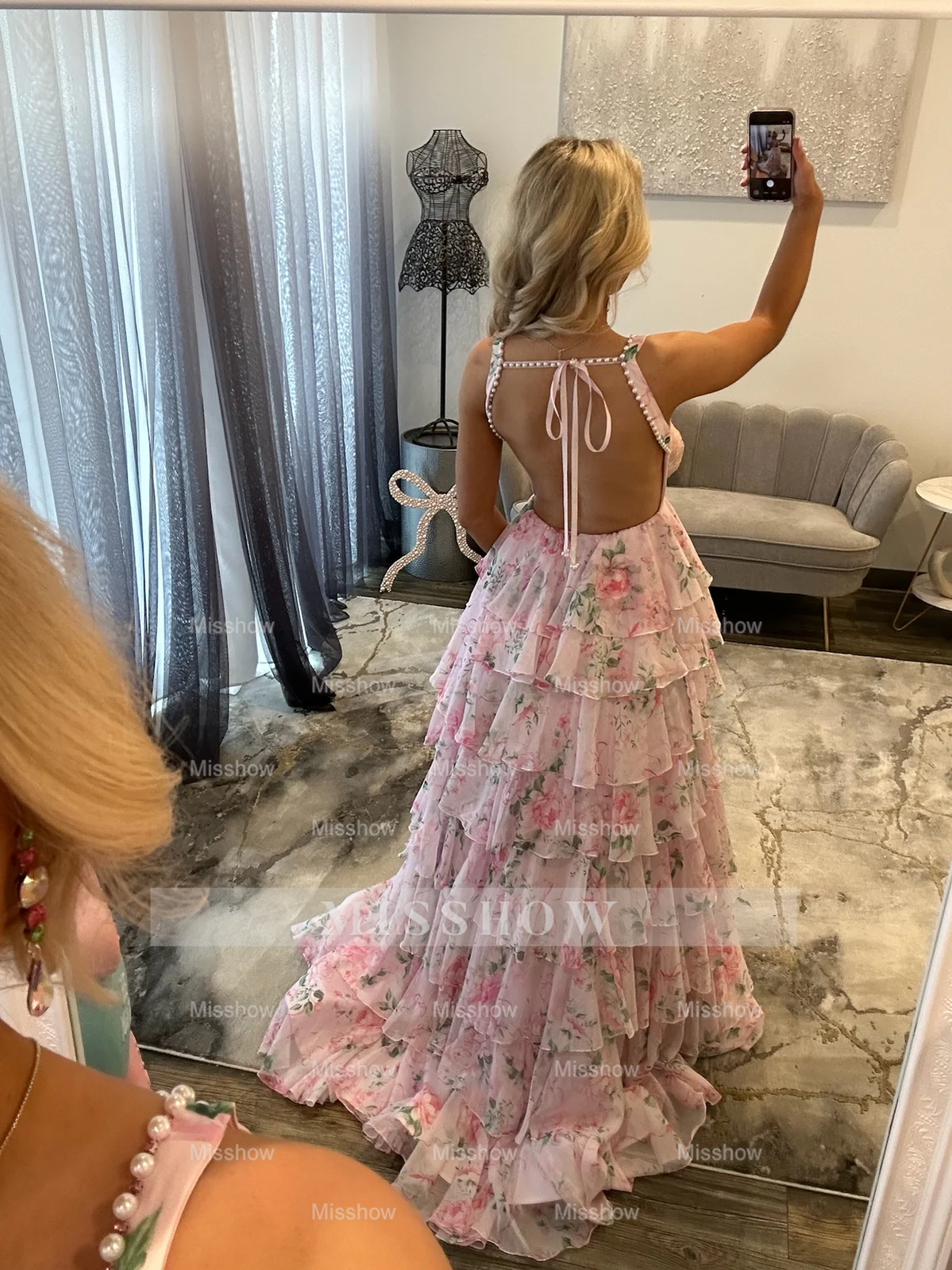 New Arrival Long Floral Pink A-line Sleeveless Prom Dress with Slit