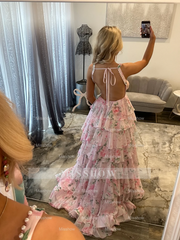 New Arrival Long Floral Pink A-line Sleeveless Prom Dress with Slit