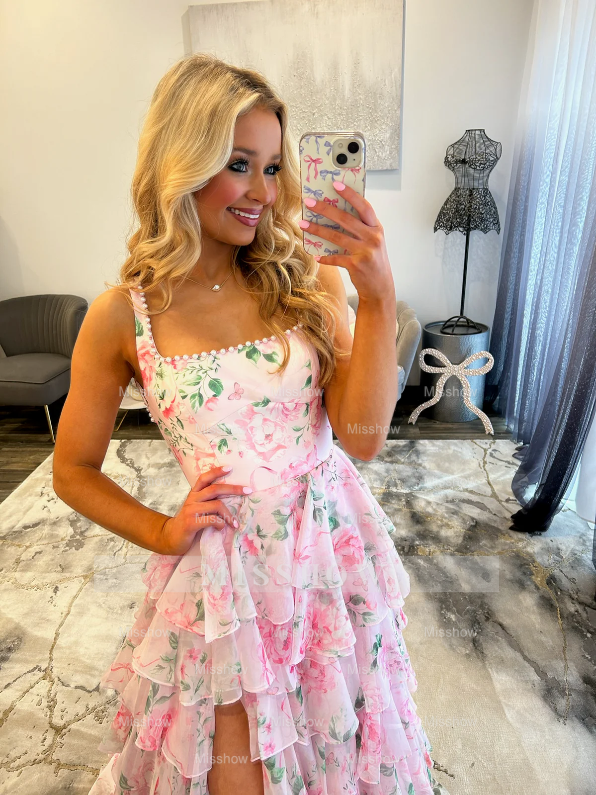 New Arrival Long Floral Pink A-line Sleeveless Prom Dress with Slit
