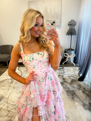 New Arrival Long Floral Pink A-line Sleeveless Prom Dress with Slit