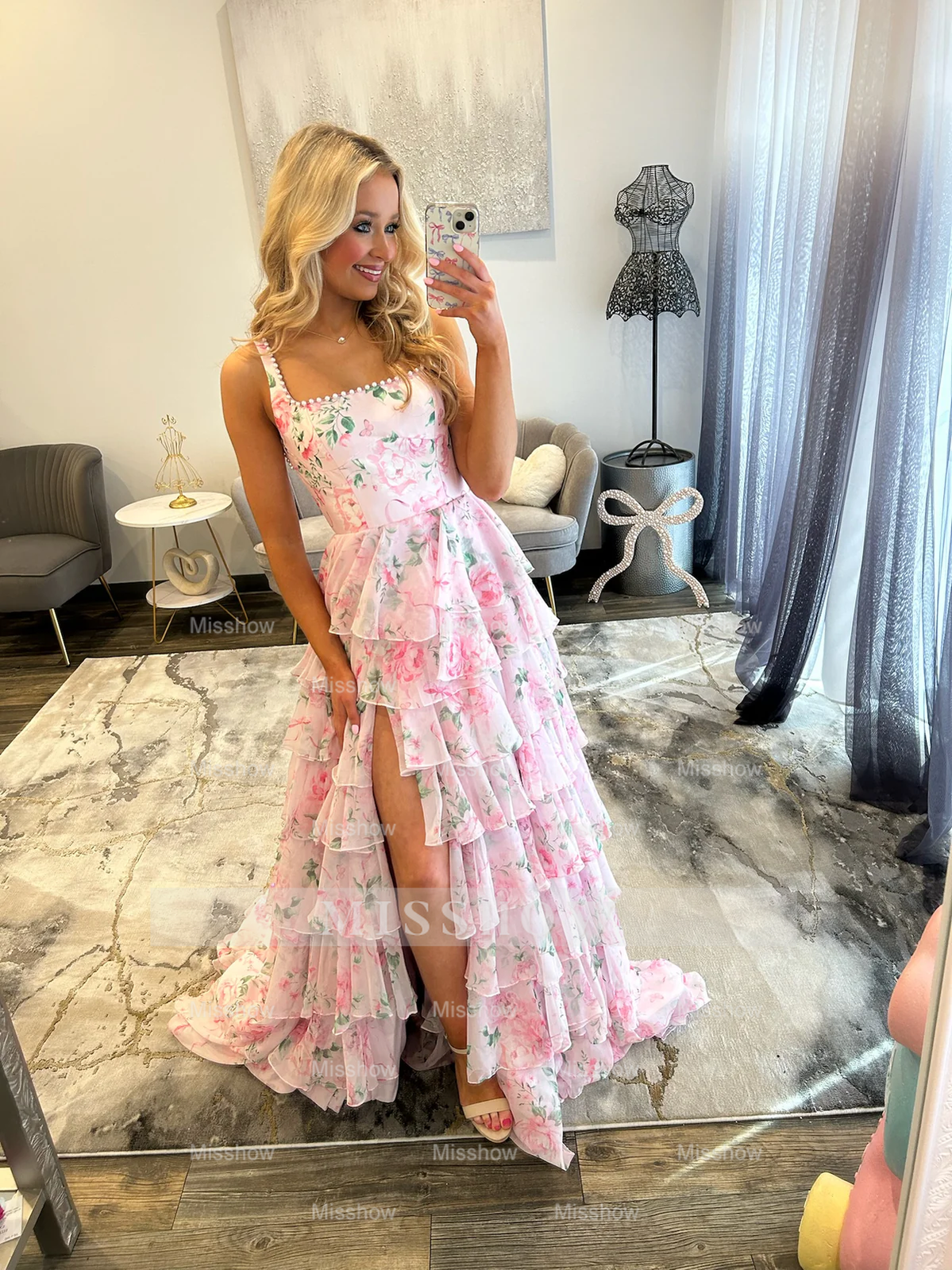 New Arrival Long Floral Pink A-line Sleeveless Prom Dress with Slit