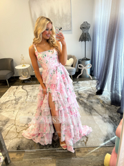 New Arrival Long Floral Pink A-line Sleeveless Prom Dress with Slit