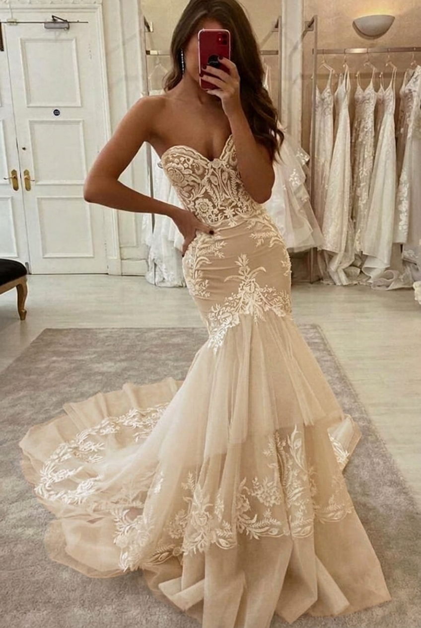 Champagne sweetheart applique mermaid wedding dress