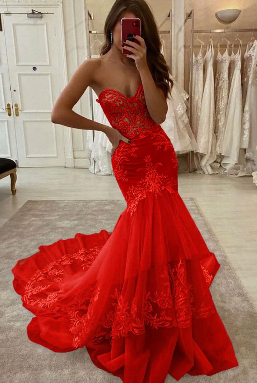 Red sweetheart applique mermaid wedding dress