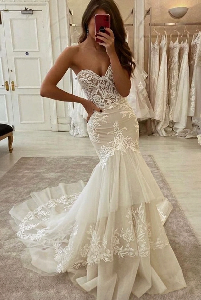 Ivory sweetheart applique mermaid wedding dress
