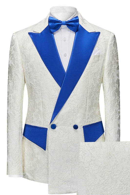New Arrival White Jacquard Prom Suit With Blue And White Peaked Lapel