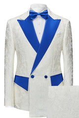 New Arrival White Jacquard Prom Suit With Blue And White Peaked Lapel