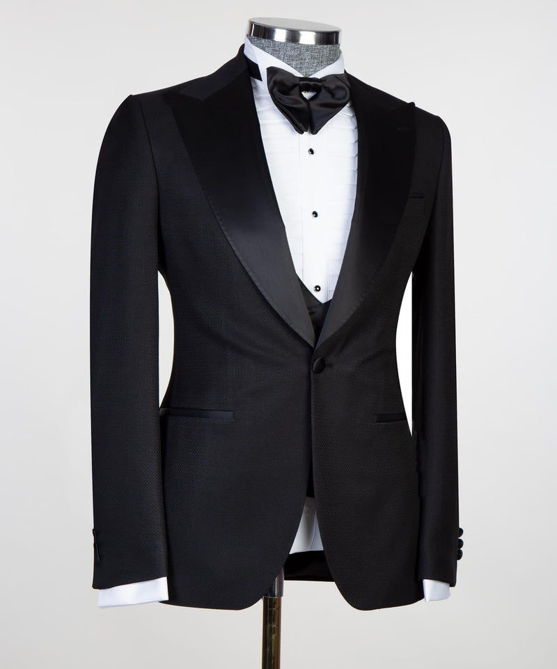 New Black Three-Piece Men’s Suit with Satin Peaked Lapel
