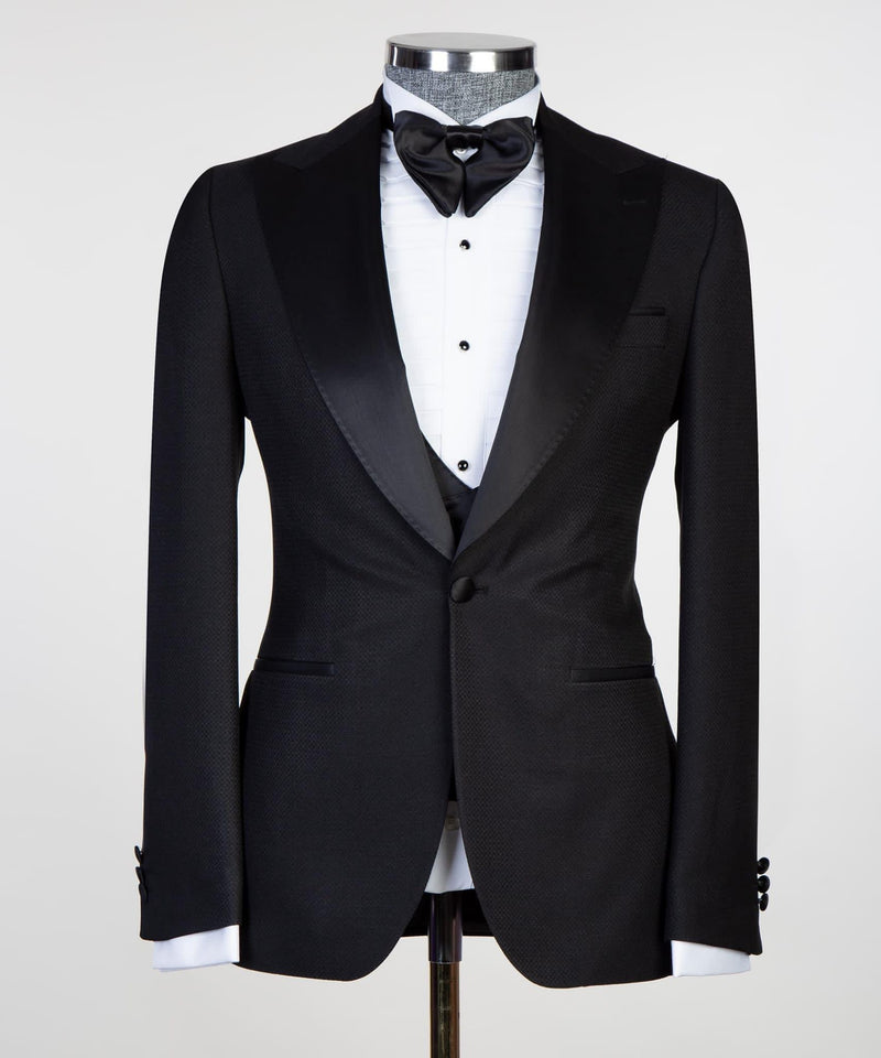 New Black Three-Piece Men’s Suit with Satin Peaked Lapel