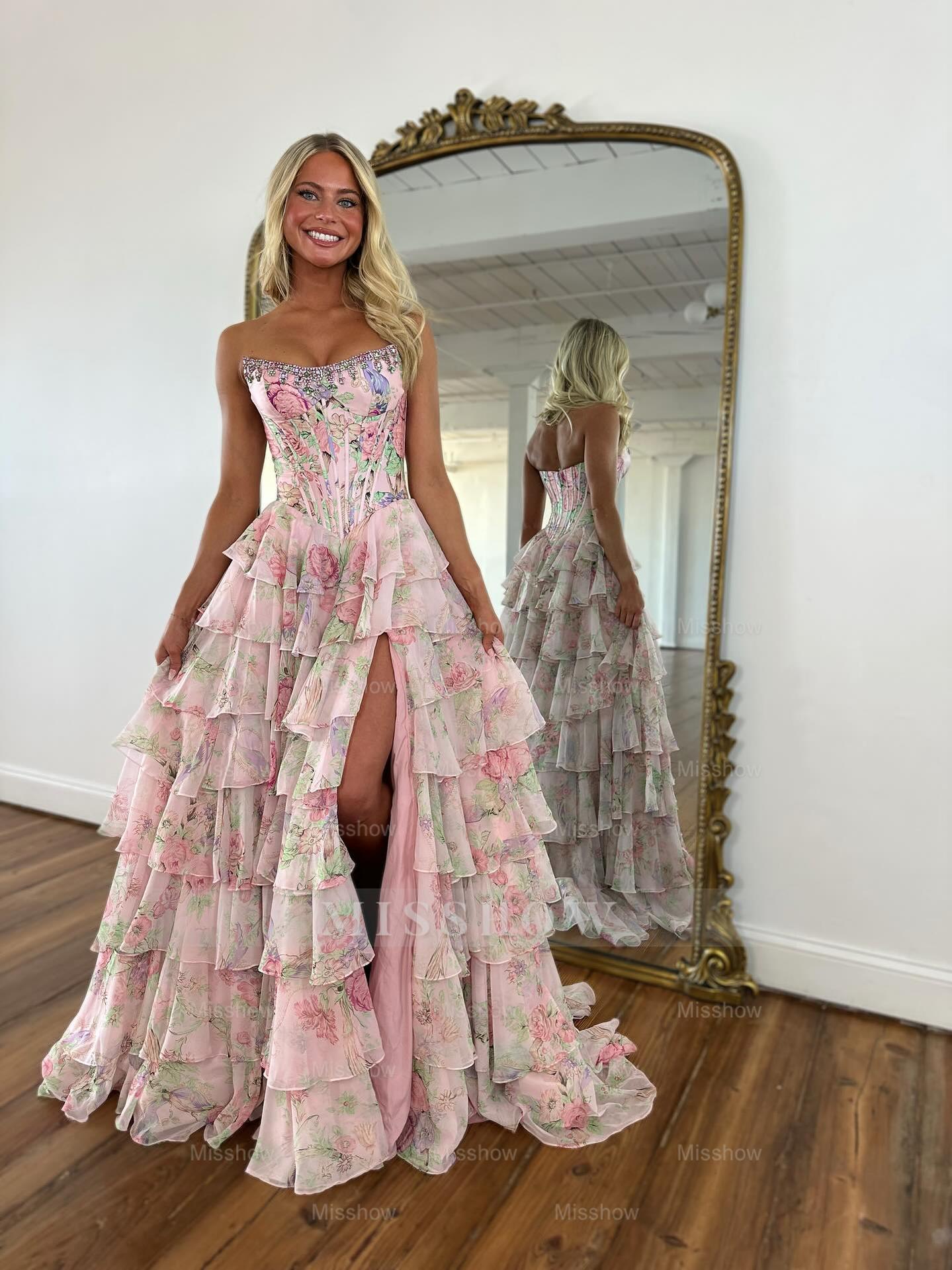 New Blue A-Line Strapless Sleeveless Printed Prom Dress with Ruffles