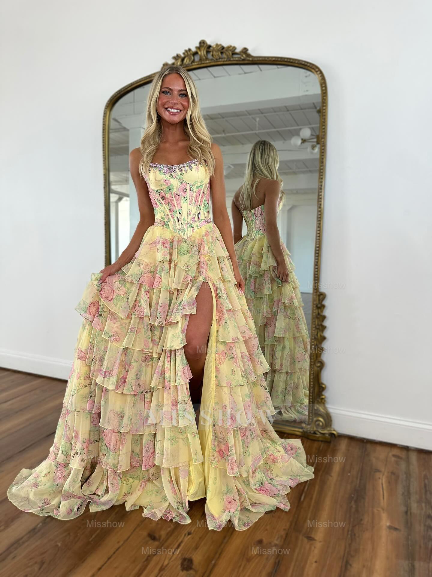 New Blue A-Line Strapless Sleeveless Printed Prom Dress with Ruffles