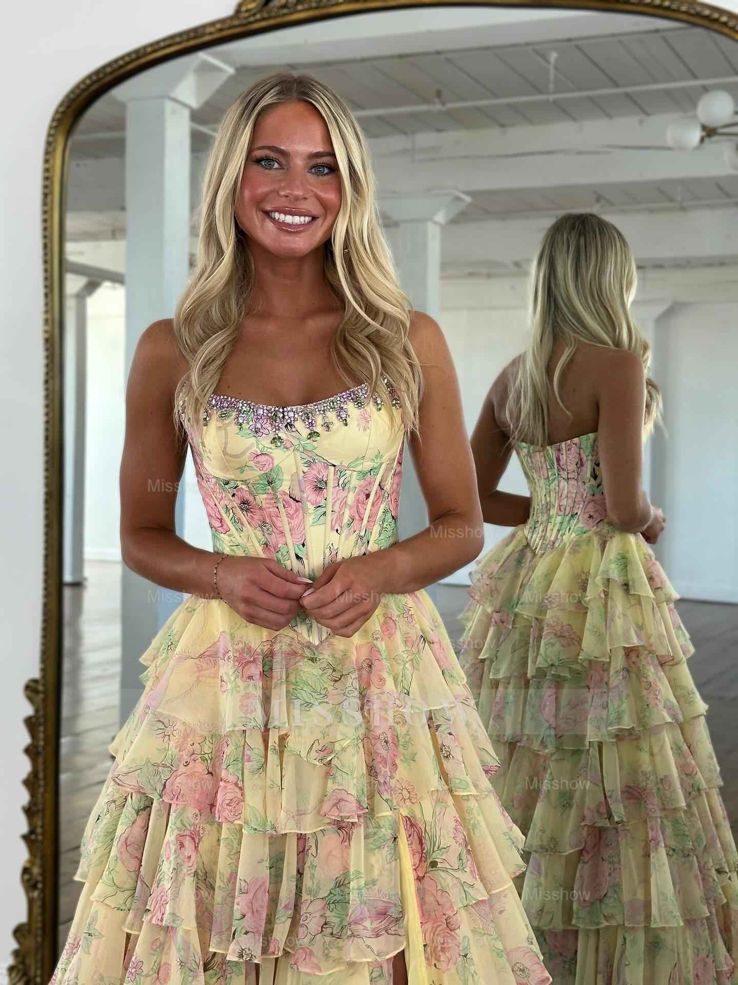 New Blue A-Line Strapless Sleeveless Printed Prom Dress with Ruffles