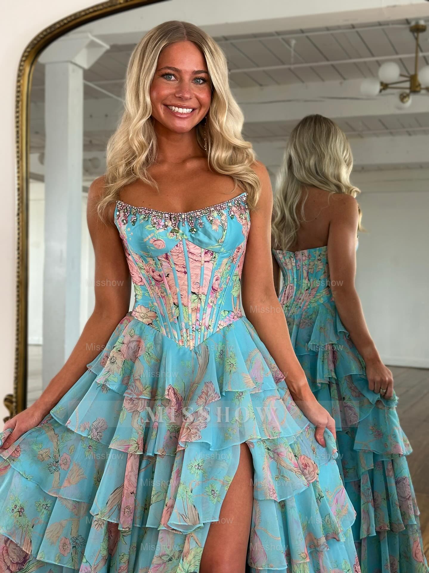 New Blue A-Line Strapless Sleeveless Printed Prom Dress with Ruffles