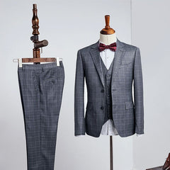 New Dark Gray Plaid Slim Fit Tailored Business Men’s Suit
