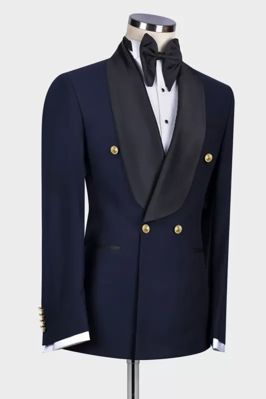 New Dark Navy Shawl Lapel Double Breasted Wedding Suit