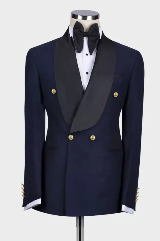 New Dark Navy Shawl Lapel Double Breasted Wedding Suit