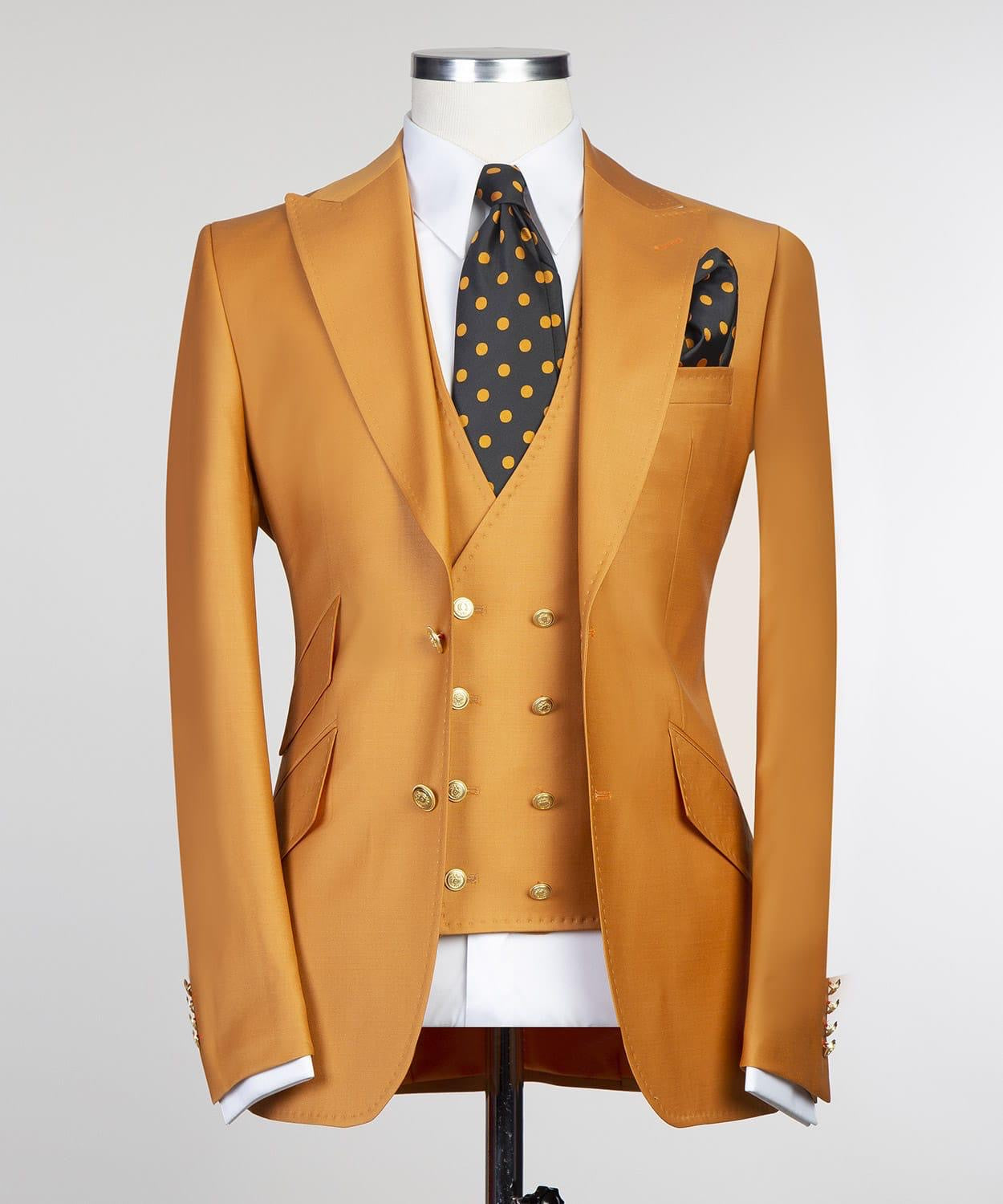 New Dark Yellow Peak Lapel Three-Piece Fashionable Men’s Suits