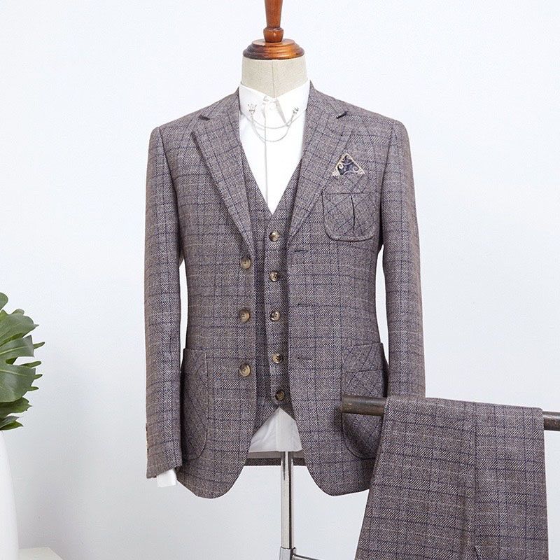 New Gray Plaid Three Pieces Slim Fit Tailored Business Suit