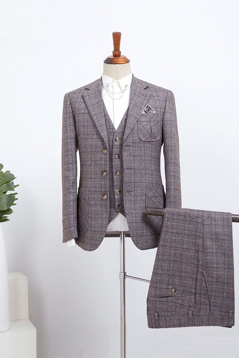 New Gray Plaid Three Pieces Slim Fit Tailored Business Suit