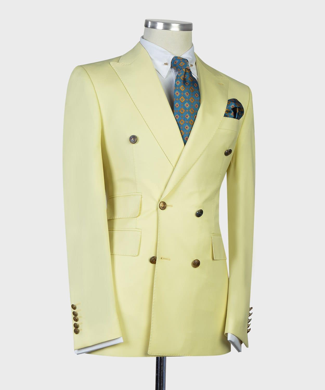 New Light Yellow Double Breasted Peak Lapel Men’s Suits