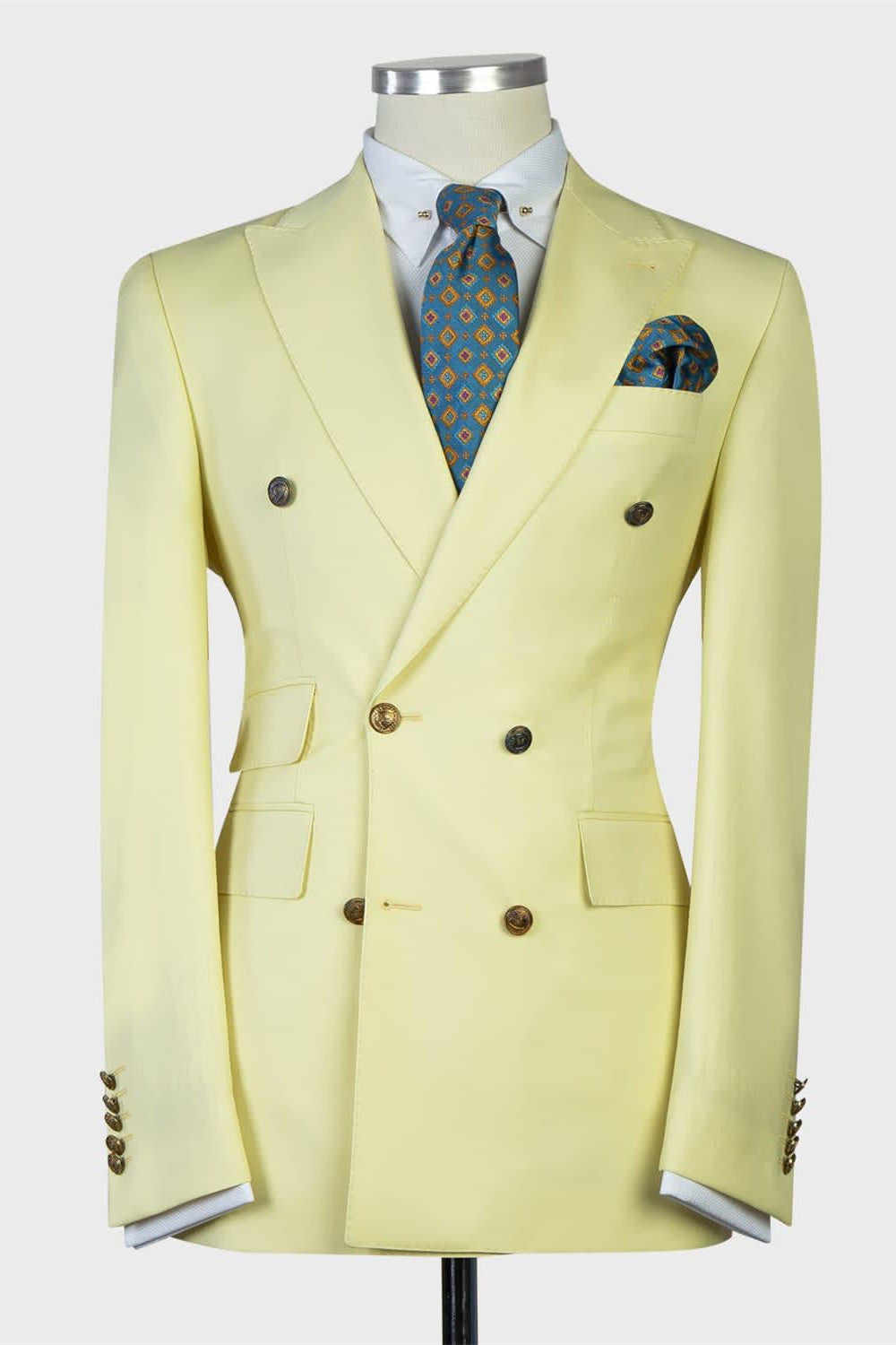 New Light Yellow Double Breasted Peak Lapel Men’s Suits