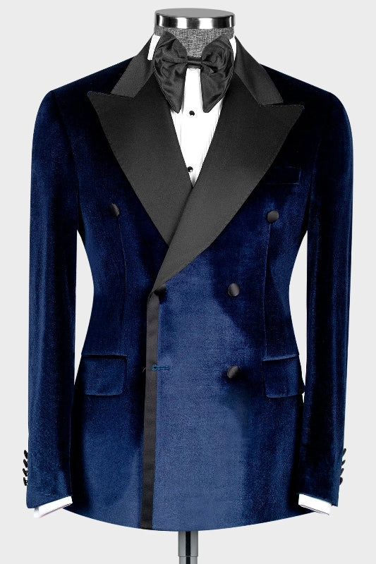 New Navy Blue Peaked Lapel Double Breasted Velvet Prom Attire