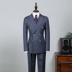 New Navy Blue Striped Peak Lapel Tailored Business Suit