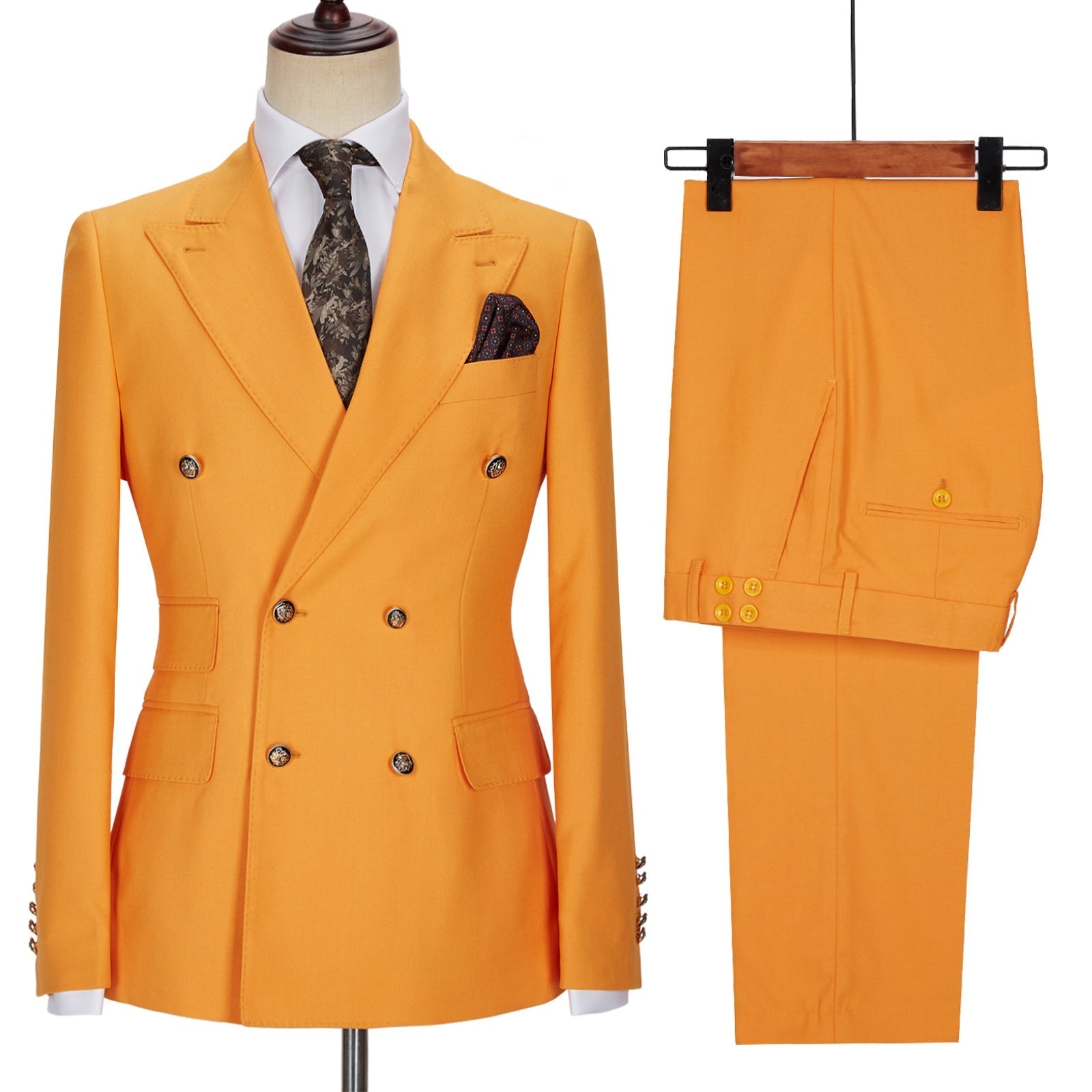 New Orange Double-Breasted Peaked Lapel Men’s Suit