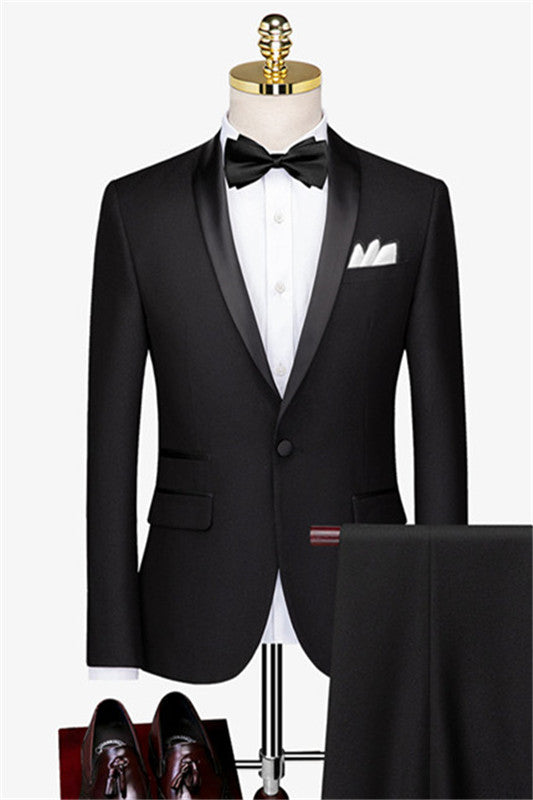 New Simple Black Shawl Collar One-Button Groom's Wedding Suit