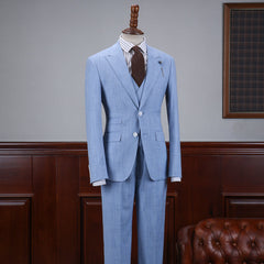 New Sky Blue Small Plaid Three Flaps Men’s Business Suit