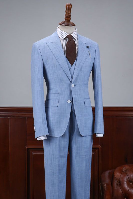 New Sky Blue Small Plaid Three Flaps Men’s Business Suit