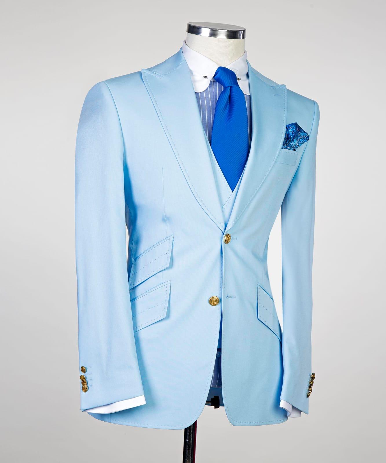 New Sky Blue Three-Piece Peak Lapel Slim Fit Men’s Suits