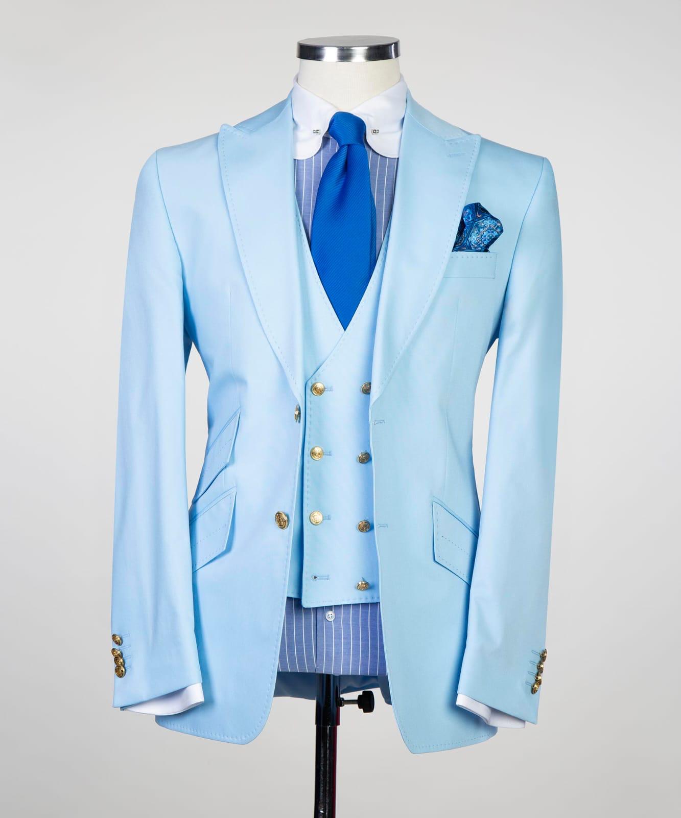 New Sky Blue Three-Piece Peak Lapel Slim Fit Men’s Suits