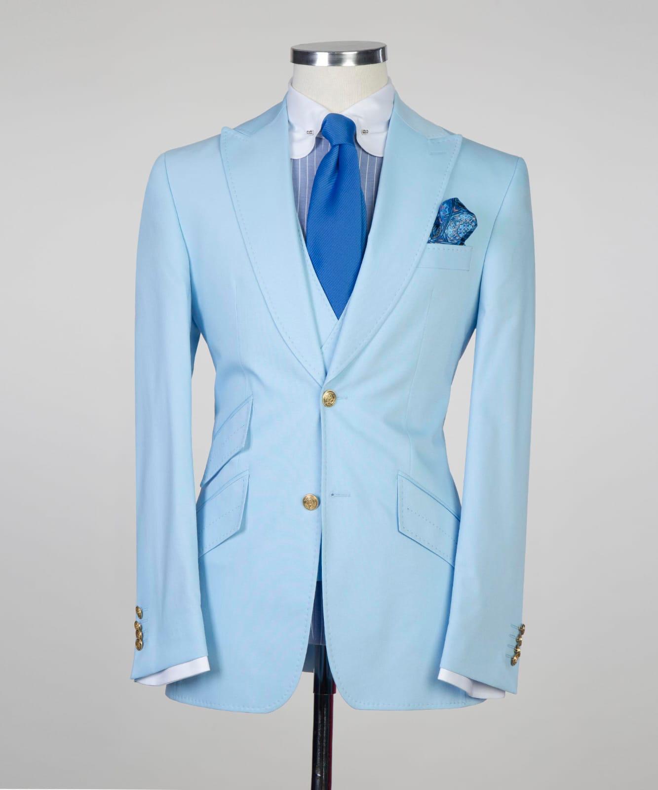 New Sky Blue Three-Piece Peak Lapel Slim Fit Men’s Suits