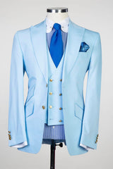 New Sky Blue Three-Piece Peak Lapel Slim Fit Men’s Suits
