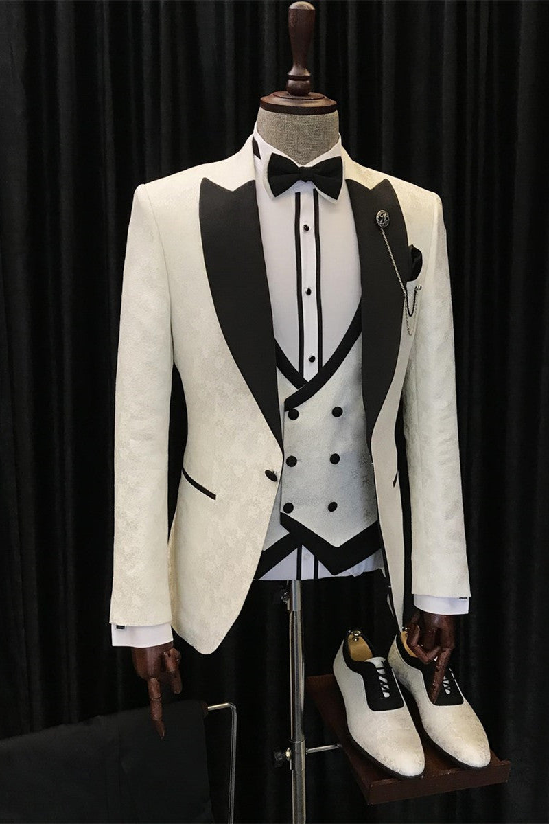 New White Jacquard Three-Piece Wedding Suits with Black Peaked Lapel