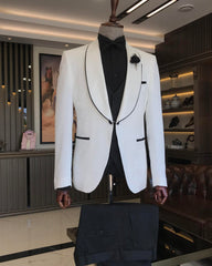 New White Three-Piece Jacquard Shawl Lapel Wedding Suit for Men