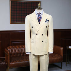 New Yellow Striped Double Breasted Custom Prom Suit