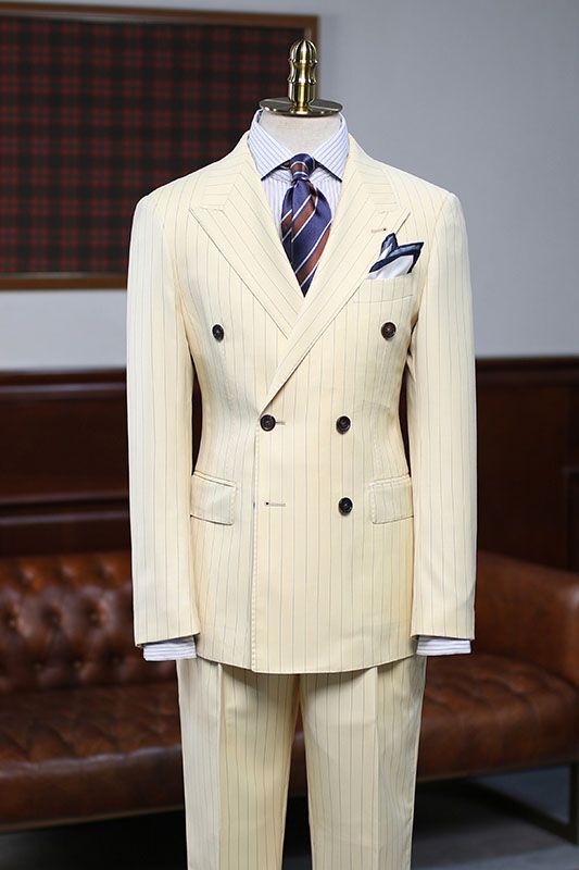 New Yellow Striped Double Breasted Custom Prom Suit