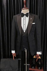 Newest Black Jacquard Three-Piece Peaked Lapel Wedding Men’s Suits