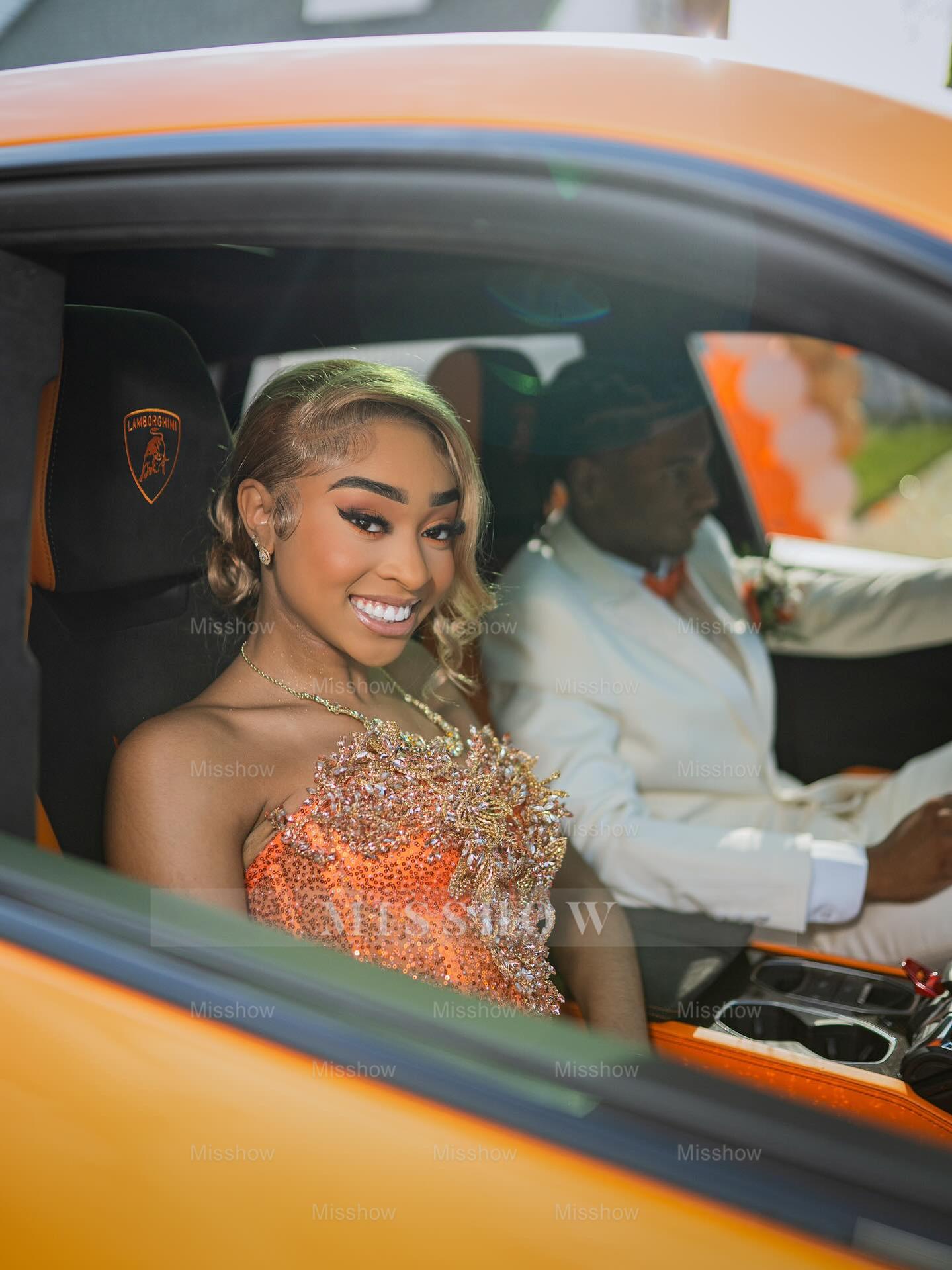 Newest Long Orange Strapless Sleeveless Mermaid Prom Dress with Sequins and Veil