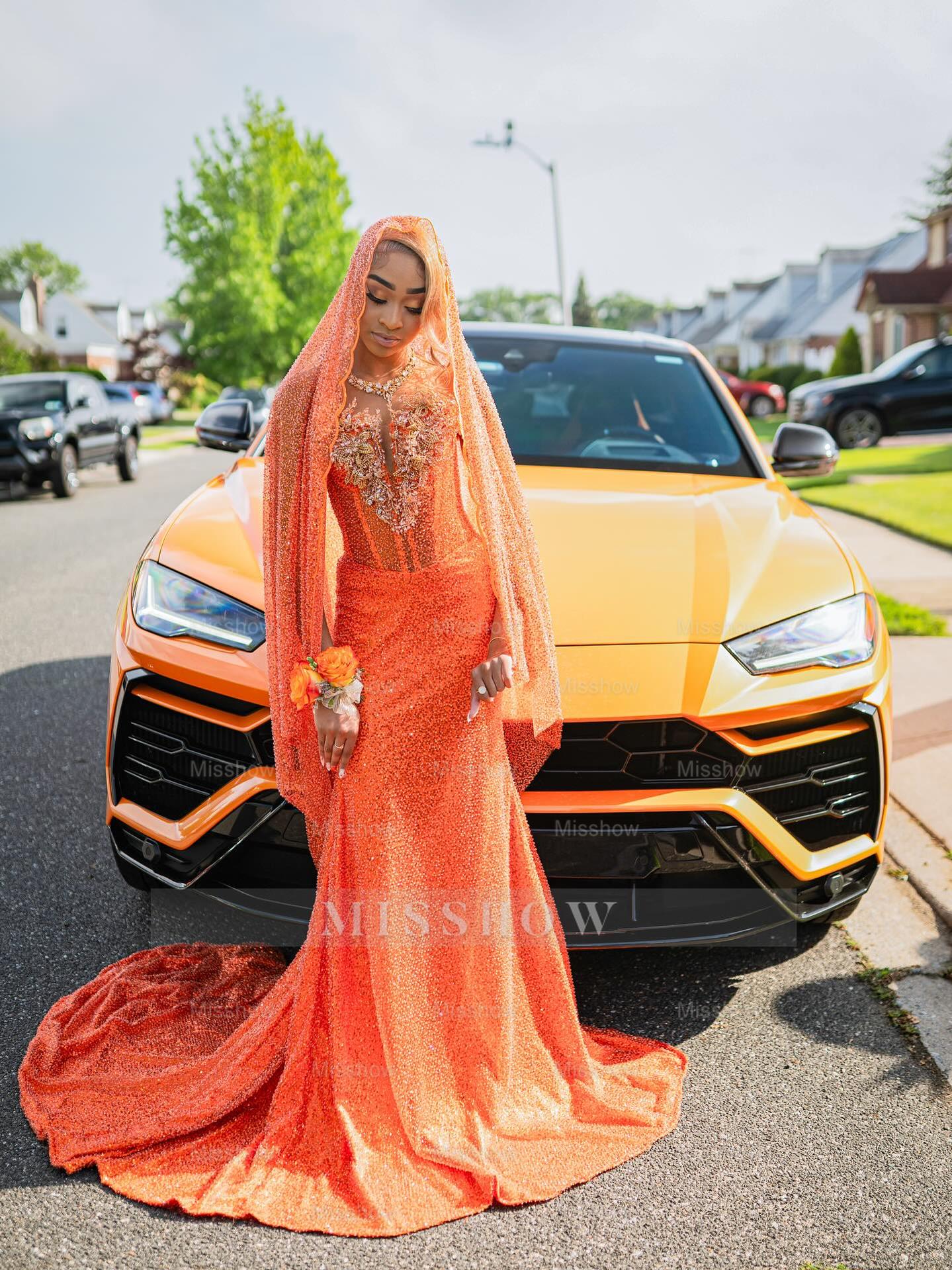Newest Long Orange Strapless Sleeveless Mermaid Prom Dress with Sequins and Veil