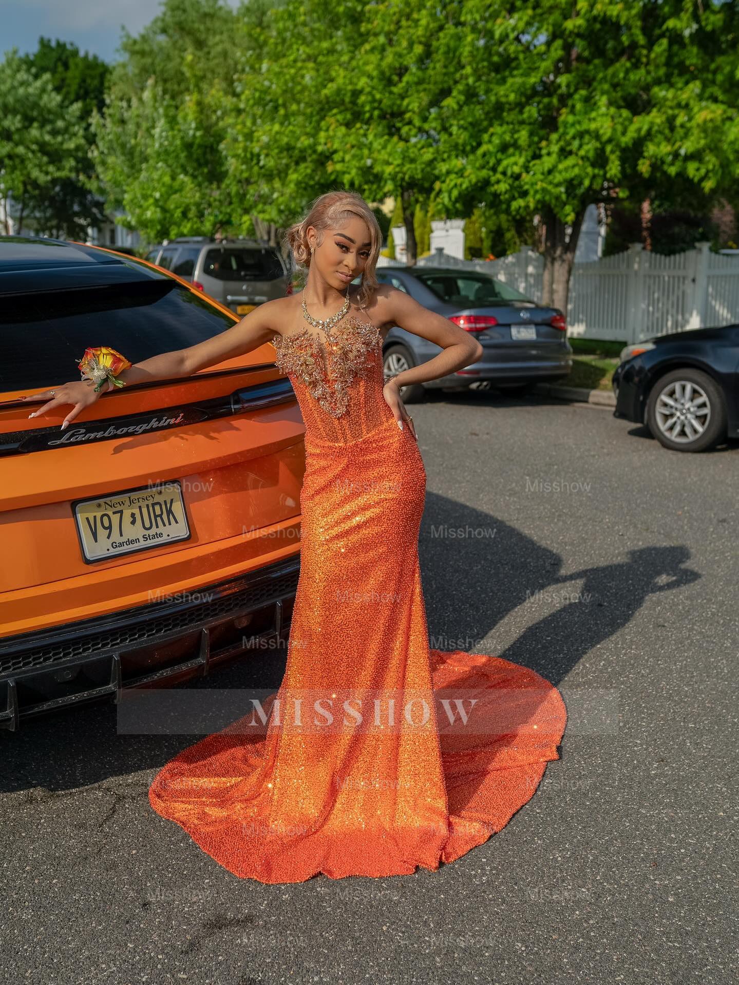 Newest Long Orange Strapless Sleeveless Mermaid Prom Dress with Sequins and Veil