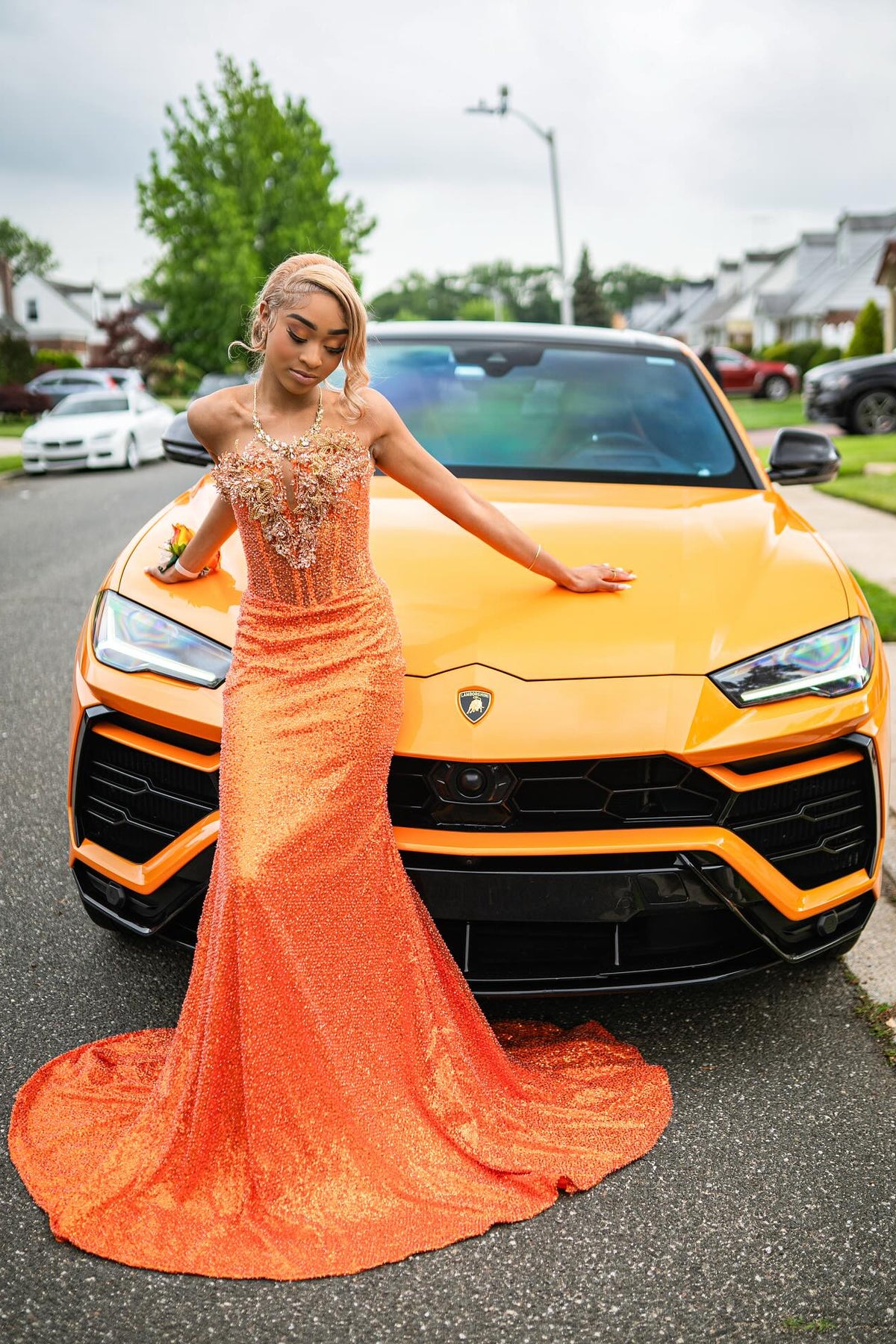 Newest Long Orange Strapless Sleeveless Mermaid Prom Dress with Sequins and Veil