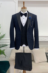 Newest Navy Blue Three-Piece Peaked Lapel Jacquard Prom Suit