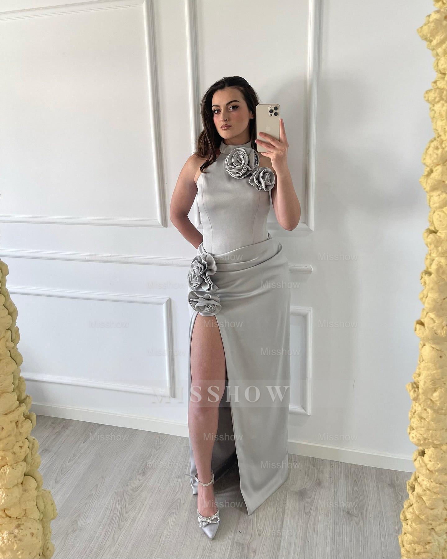 Newest Sliver High-Neck Sleeveless Mermaid Formal Dress with Front Split and Flowers