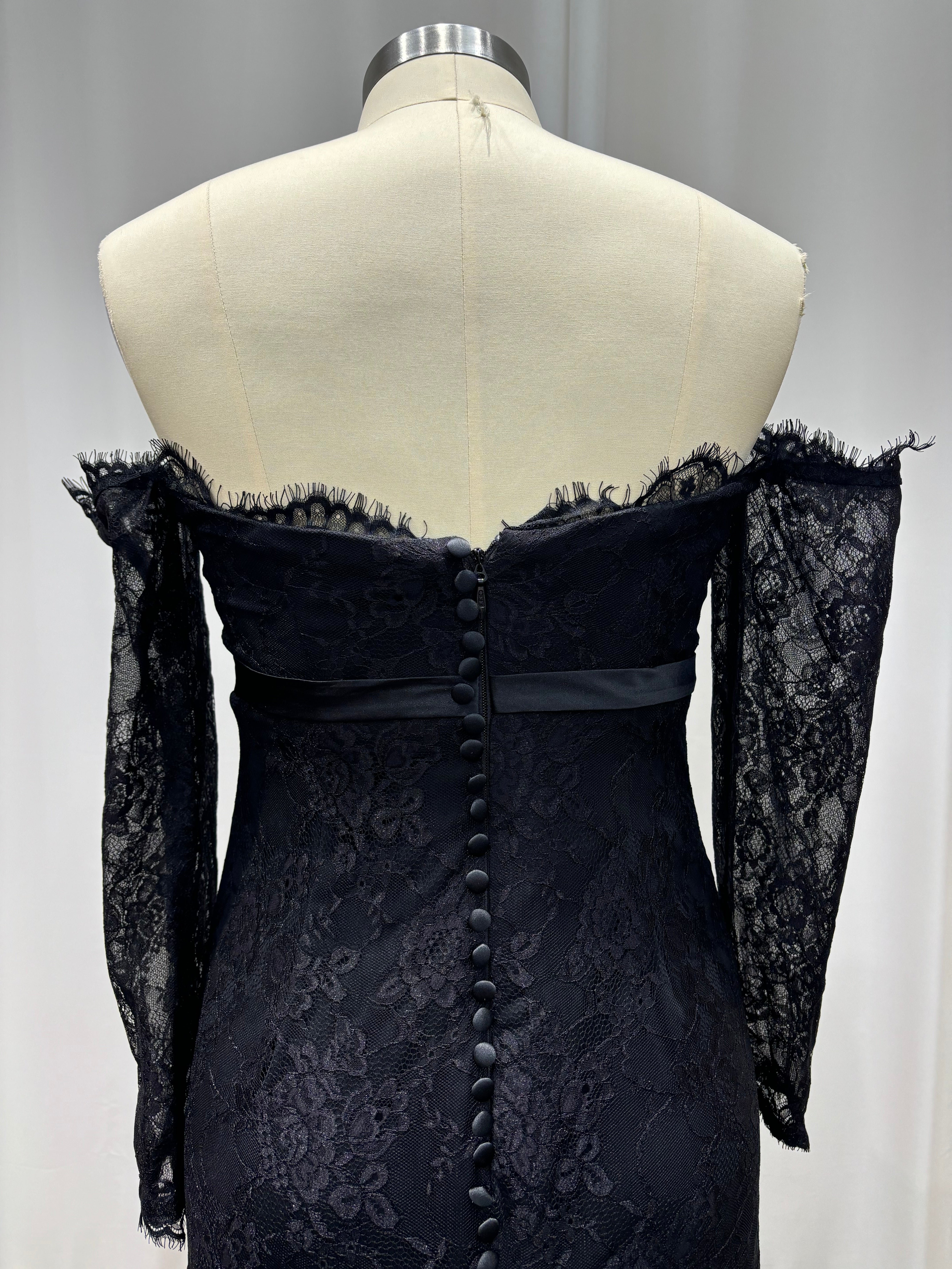 Noble Black Sweetheart Long-Sleeve Mermaid Lace Formal Dresses with Chapel Train